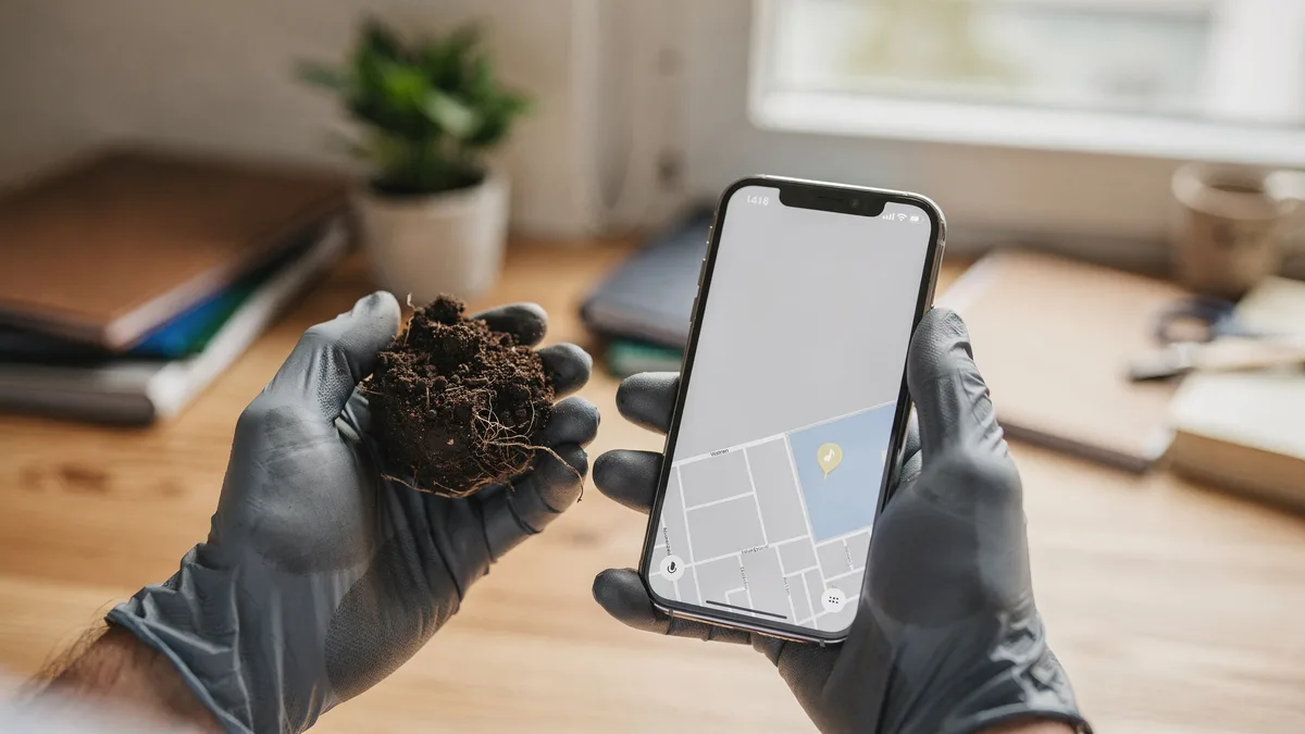 Hand mit Handschuh hält Smartphone mit Kartenansicht neben Erdprobe