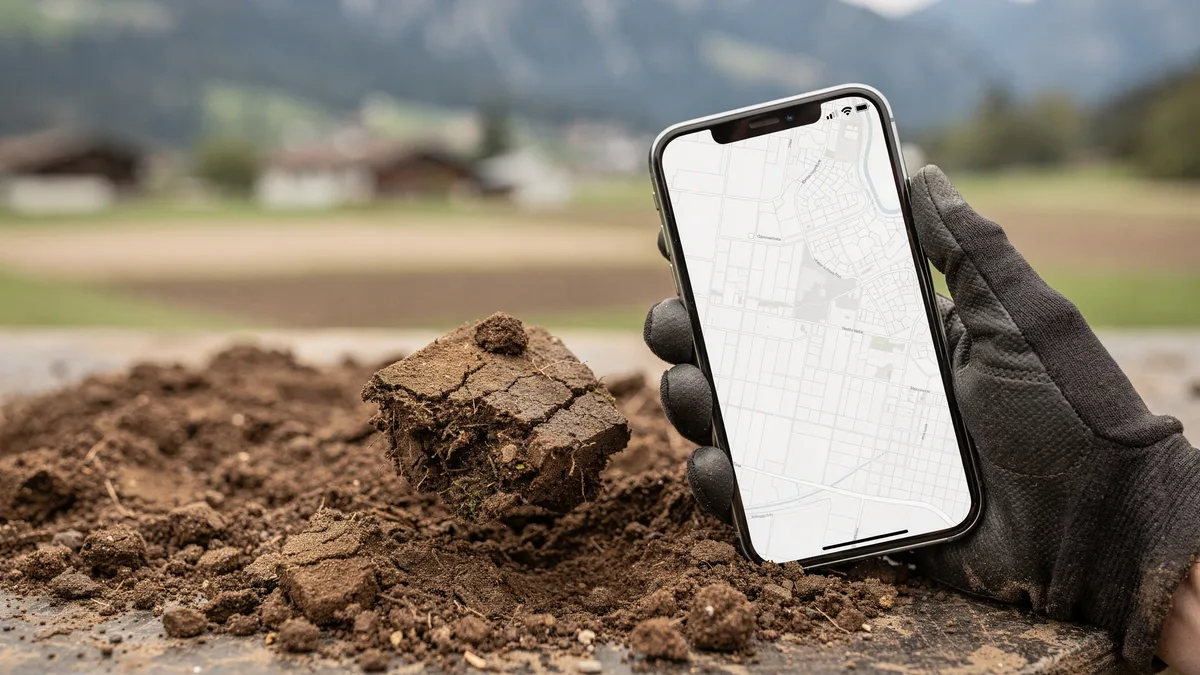 Hand mit Arbeitshandschuh hält Smartphone mit Kartenansicht neben Erdhaufen im Freien.