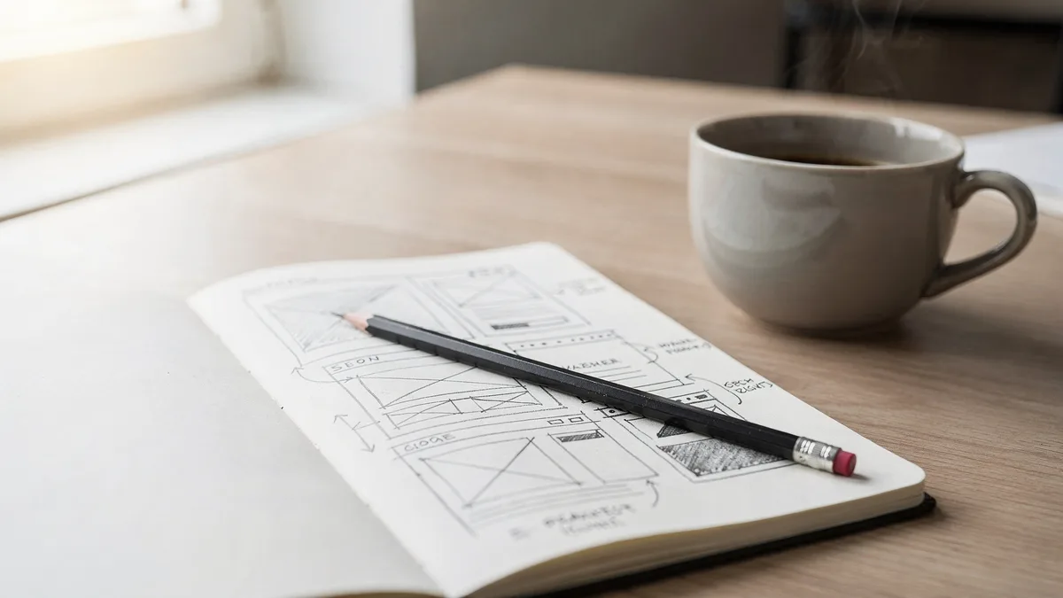 Notizbuch mit handgezeichnetem Website-Wireframe, Bleistift darauf und eine Tasse Kaffee daneben.