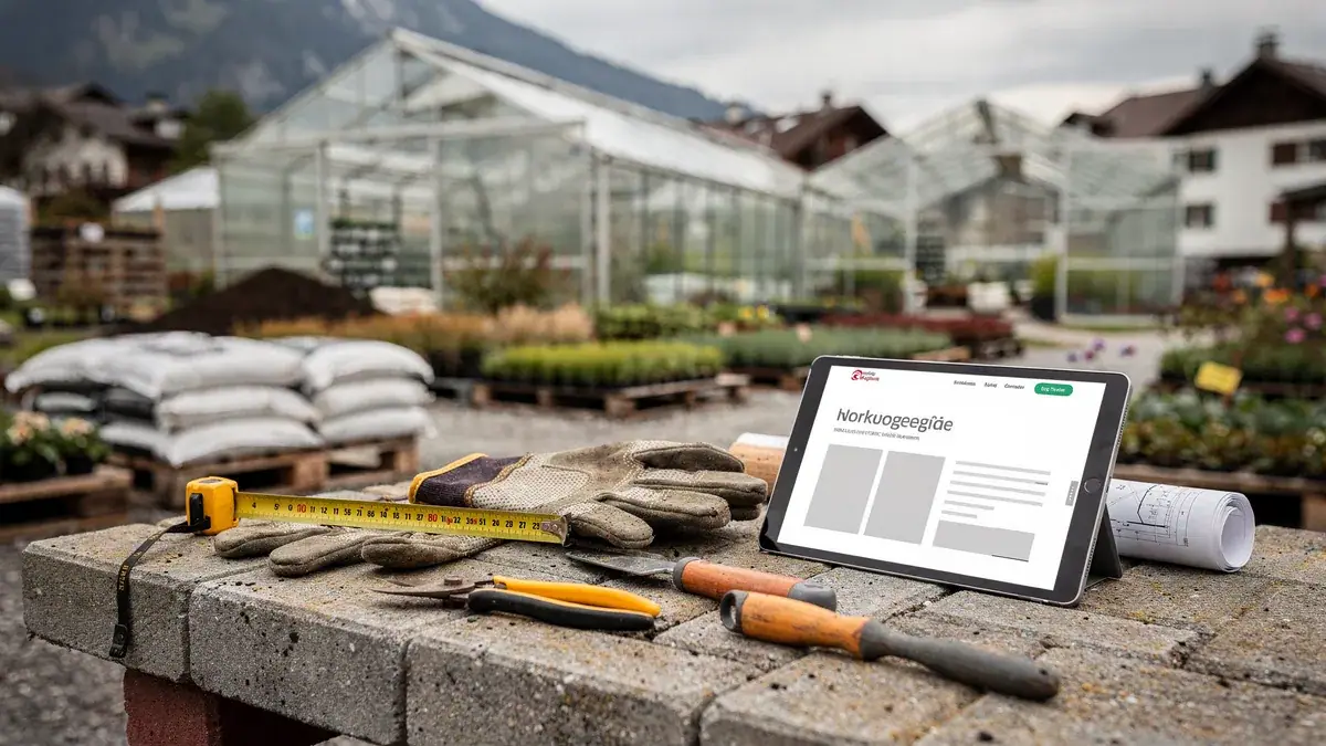 Tablet mit Website-Mockup auf Mauer vor Gärtnerei in den Bergen