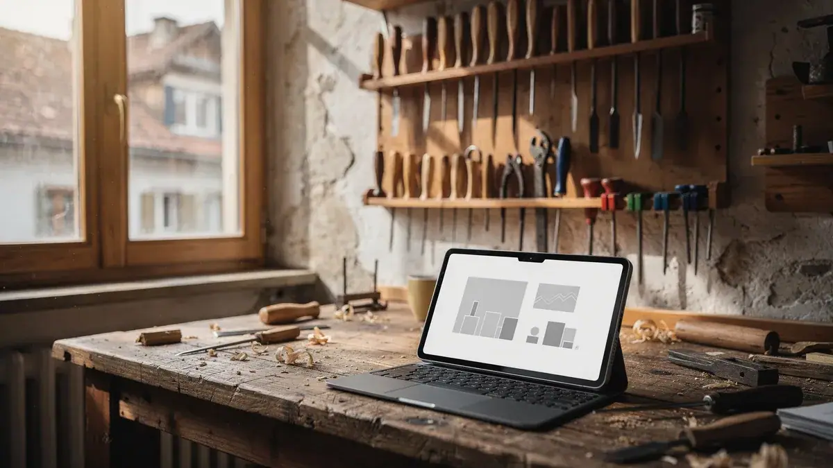 Tablet mit Diagramm auf Werkbank in einer Schweizer Schreinerei