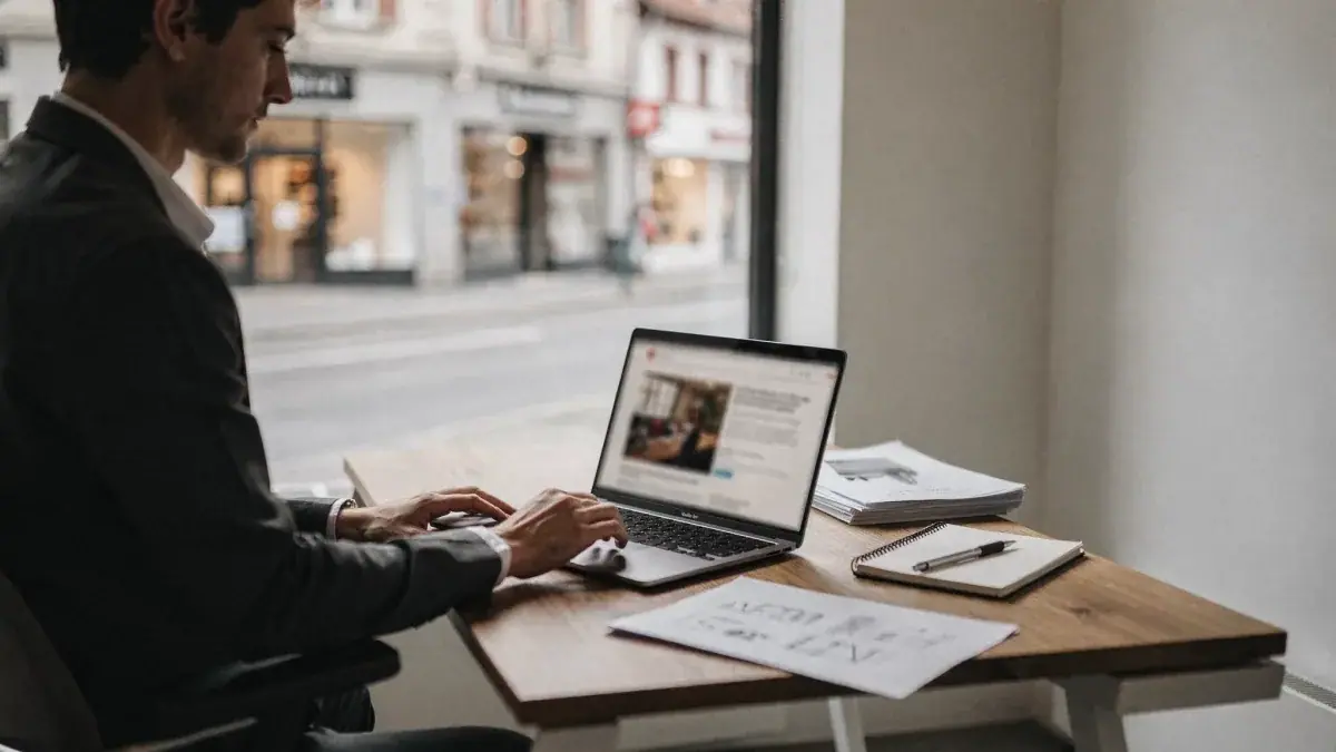 Mann arbeitet mit Laptop an einer Website in einem Café