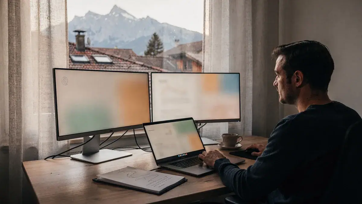 Mann arbeitet am Laptop mit zwei Monitoren an einem Fenster mit Bergblick.