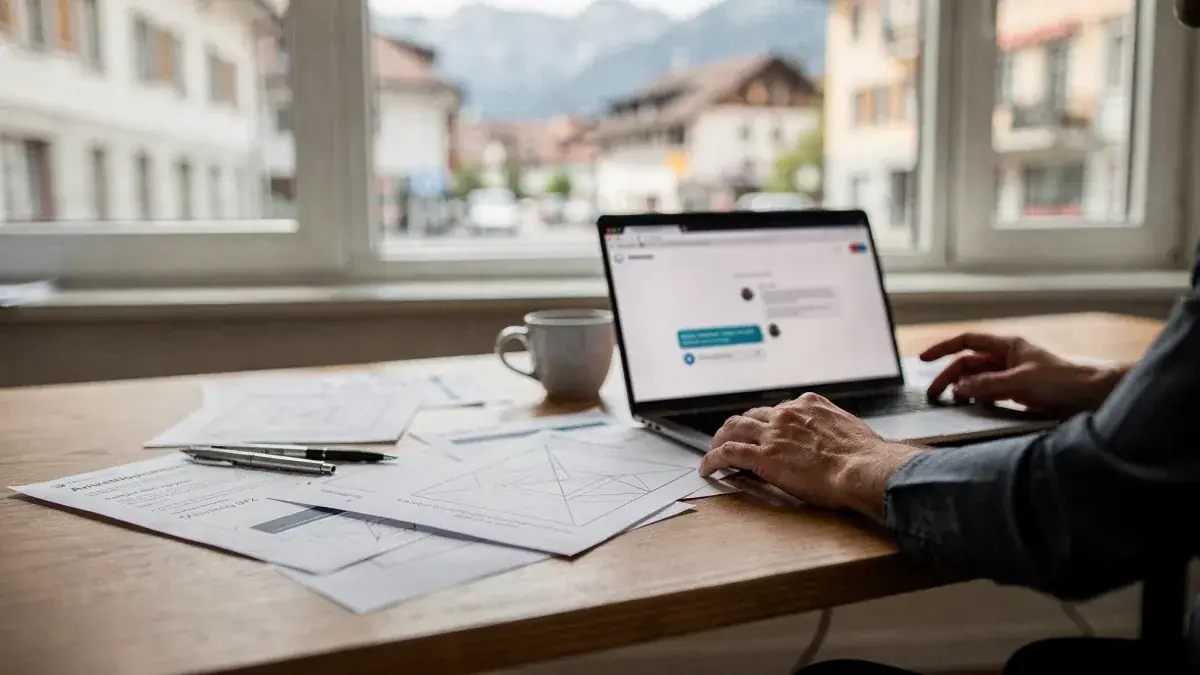 Person recherchiert am Laptop mit Blick auf Schweizer Dorfstrasse