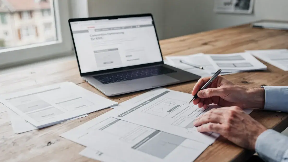 Person skizziert Startseiten-Layouts auf Papier neben einem Laptop