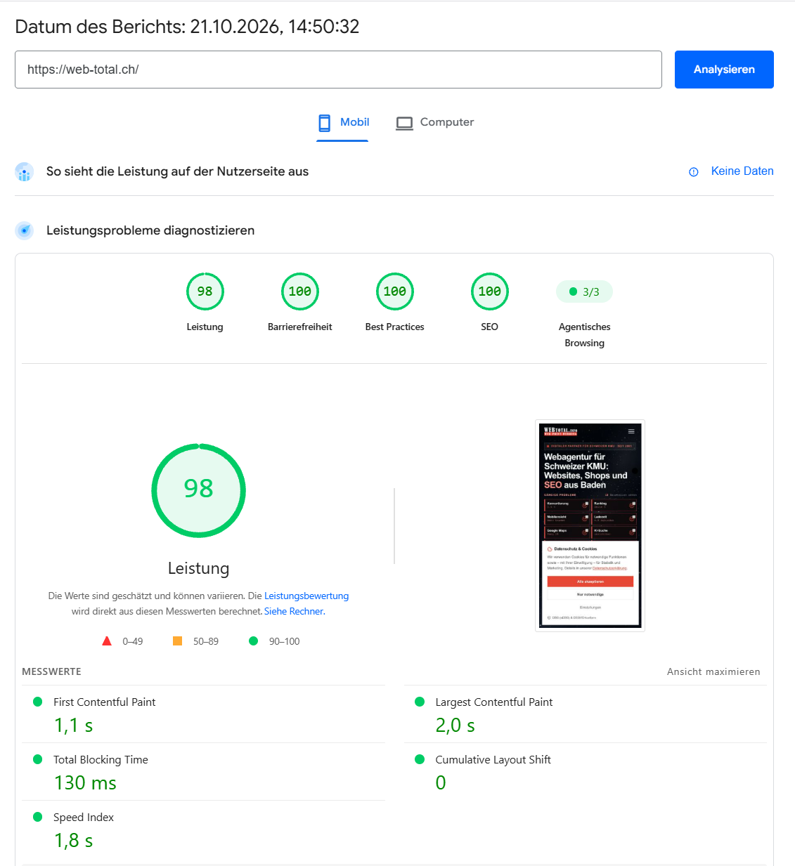 Google PageSpeed Insights für web-total.ch, Mobil: Leistung 98, Barrierefreiheit 100, Best Practices 100, SEO 100, agentisches Browsing 3 von 3.